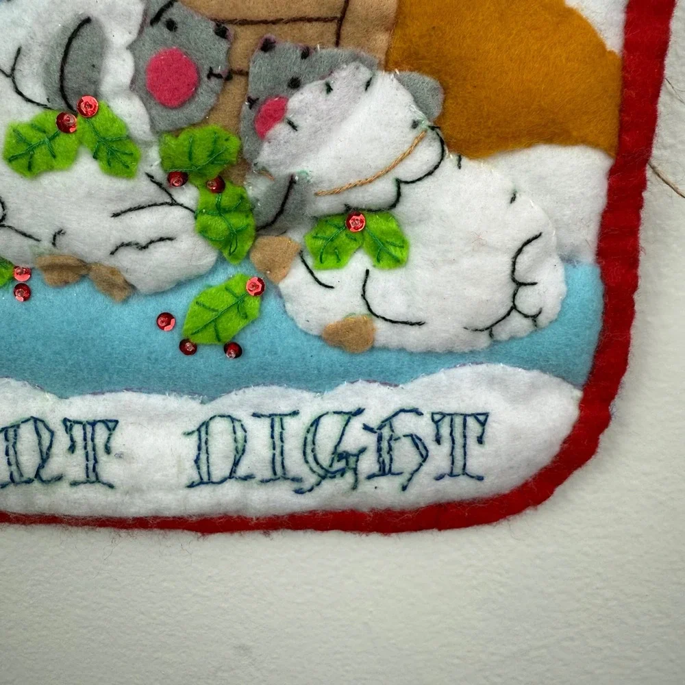 VTG Felt Appliqué Wall Decor Nativity Scene Sheep Silent Night Hand‎ Made 17x11
